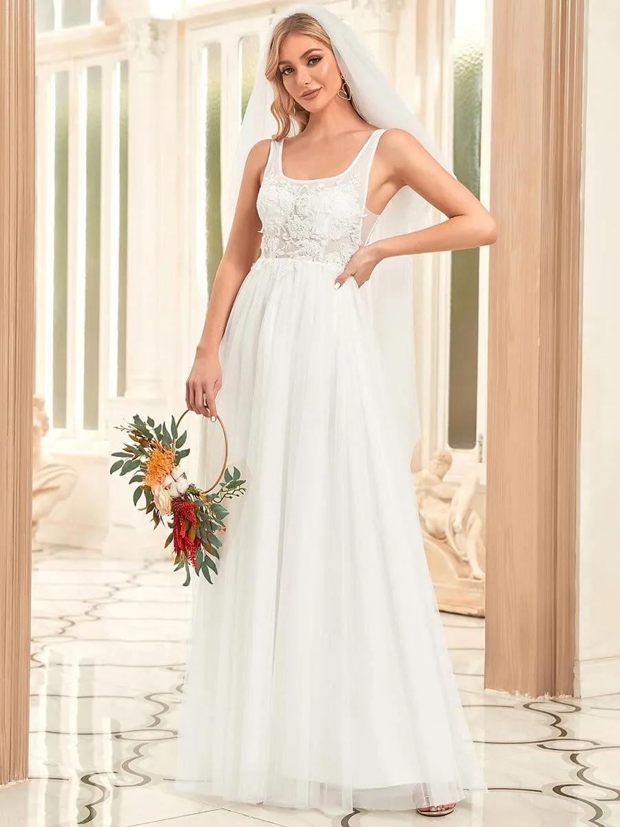 A-Line Tulle Sheer Floral Applique Wedding Dress