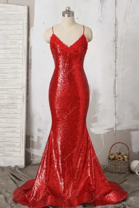 Beaded Lace V-neck Red Sequin Mermaid Prom Dress