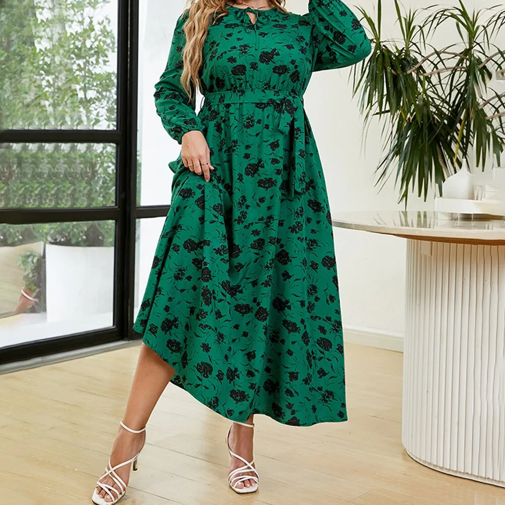 BerriesJam - 2024 Plus Size Floral Tie Neck Belted Long Sleeve A-Line Dress