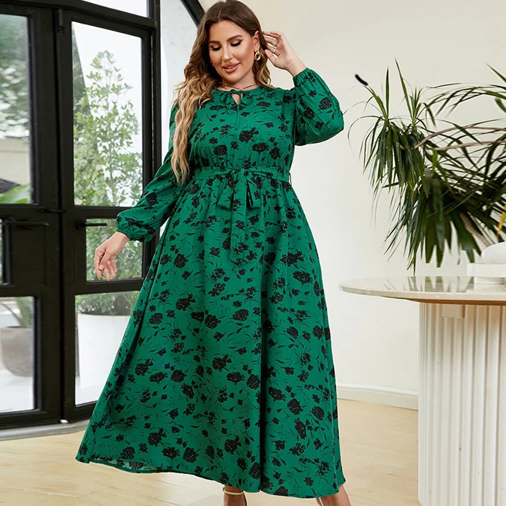 BerriesJam - 2024 Plus Size Floral Tie Neck Belted Long Sleeve A-Line Dress