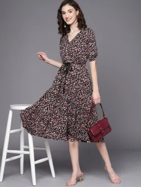 Black & Red Floral A-Line Midi Dress