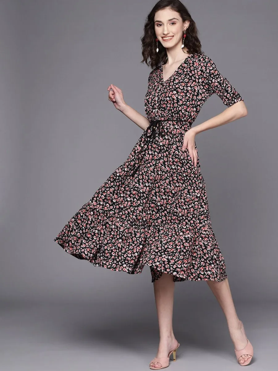 Black & Red Floral A-Line Midi Dress