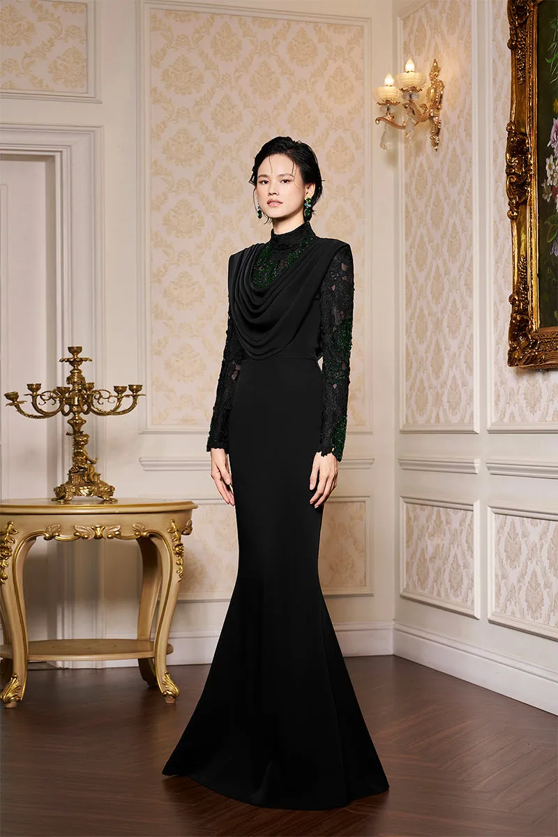 BLACK DRAPED NECK MERMAID GOWN IN LACE AND VELVET CREPE