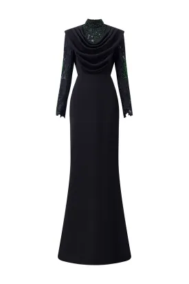 BLACK DRAPED NECK MERMAID GOWN IN LACE AND VELVET CREPE