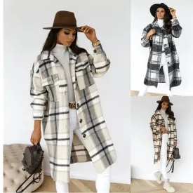 Button lapel casual warm plaid long woolen coat