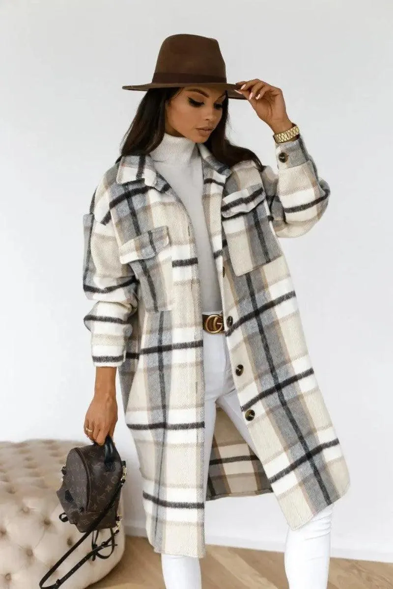 Button lapel casual warm plaid long woolen coat