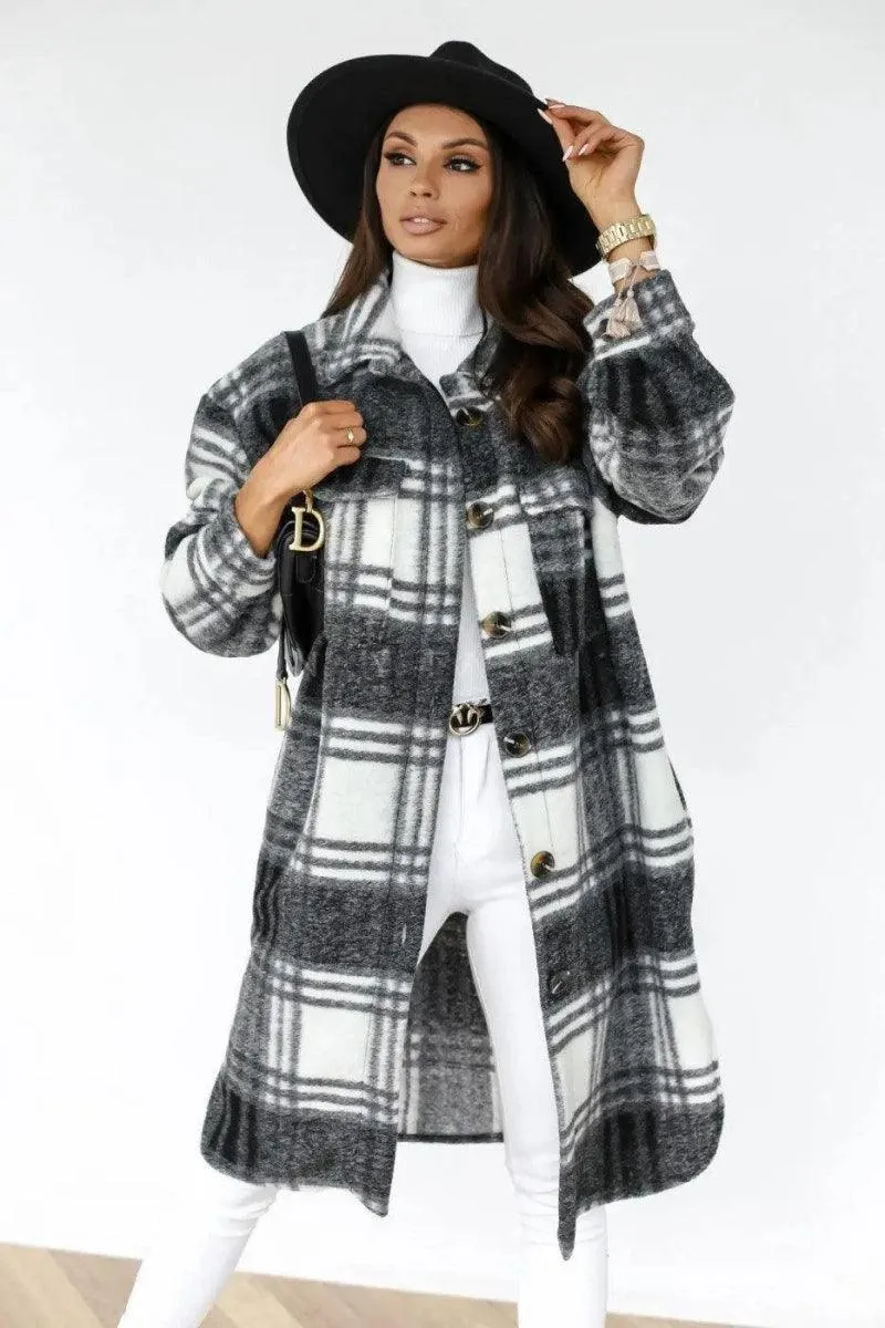 Button lapel casual warm plaid long woolen coat