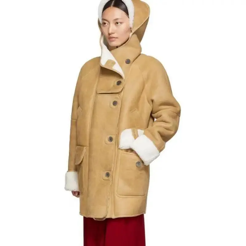 Camel fur cute bear hooded zipper long coat