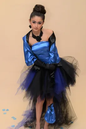 CHIC BIRD Strapless Blue Black Satin Tulle Puffy Evening Gown