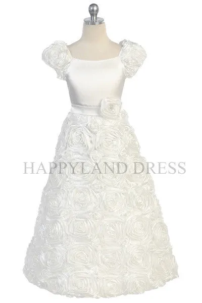 D702 White Satin Rosette Dress (White or Ivory)