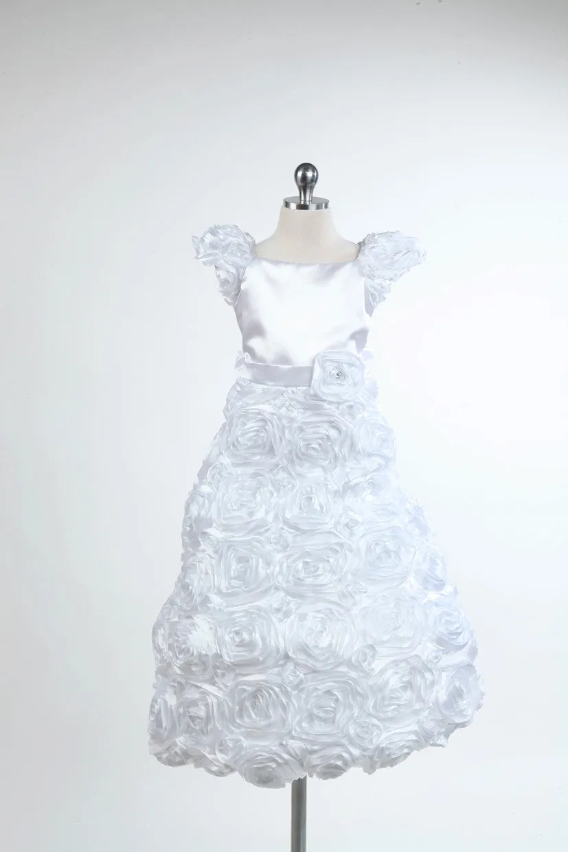 D702 White Satin Rosette Dress (White or Ivory)