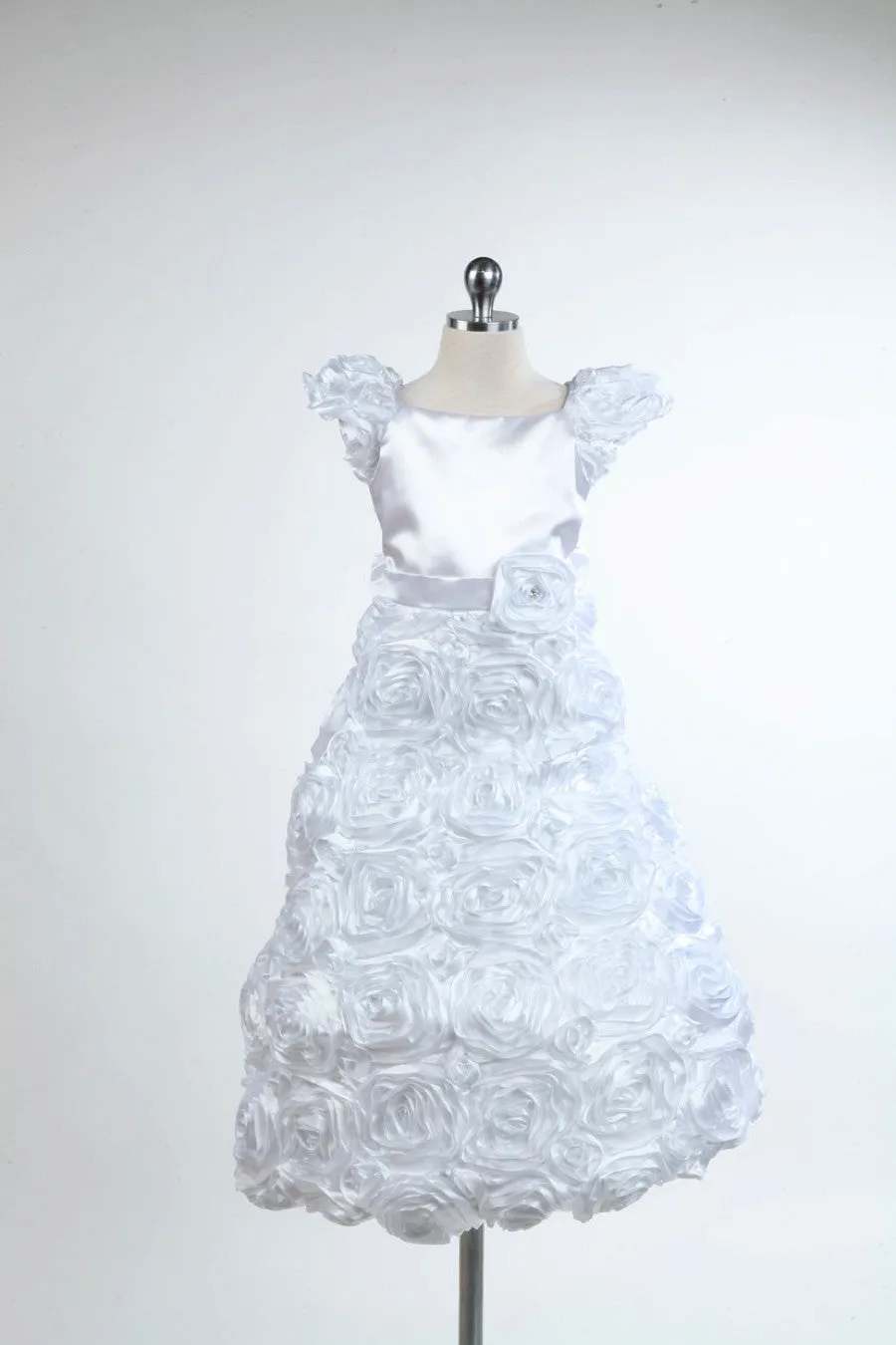 D702 White Satin Rosette Dress (White or Ivory)