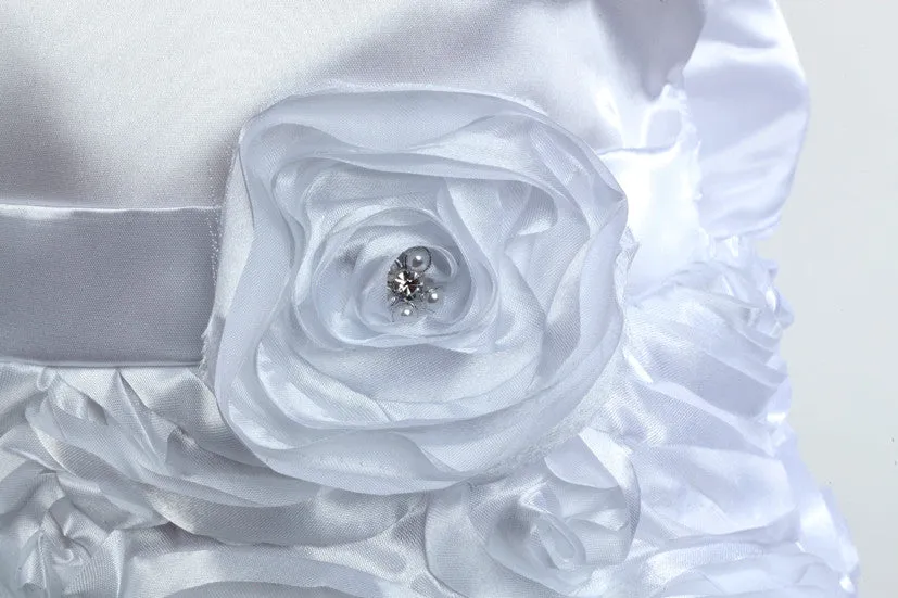 D702 White Satin Rosette Dress (White or Ivory)