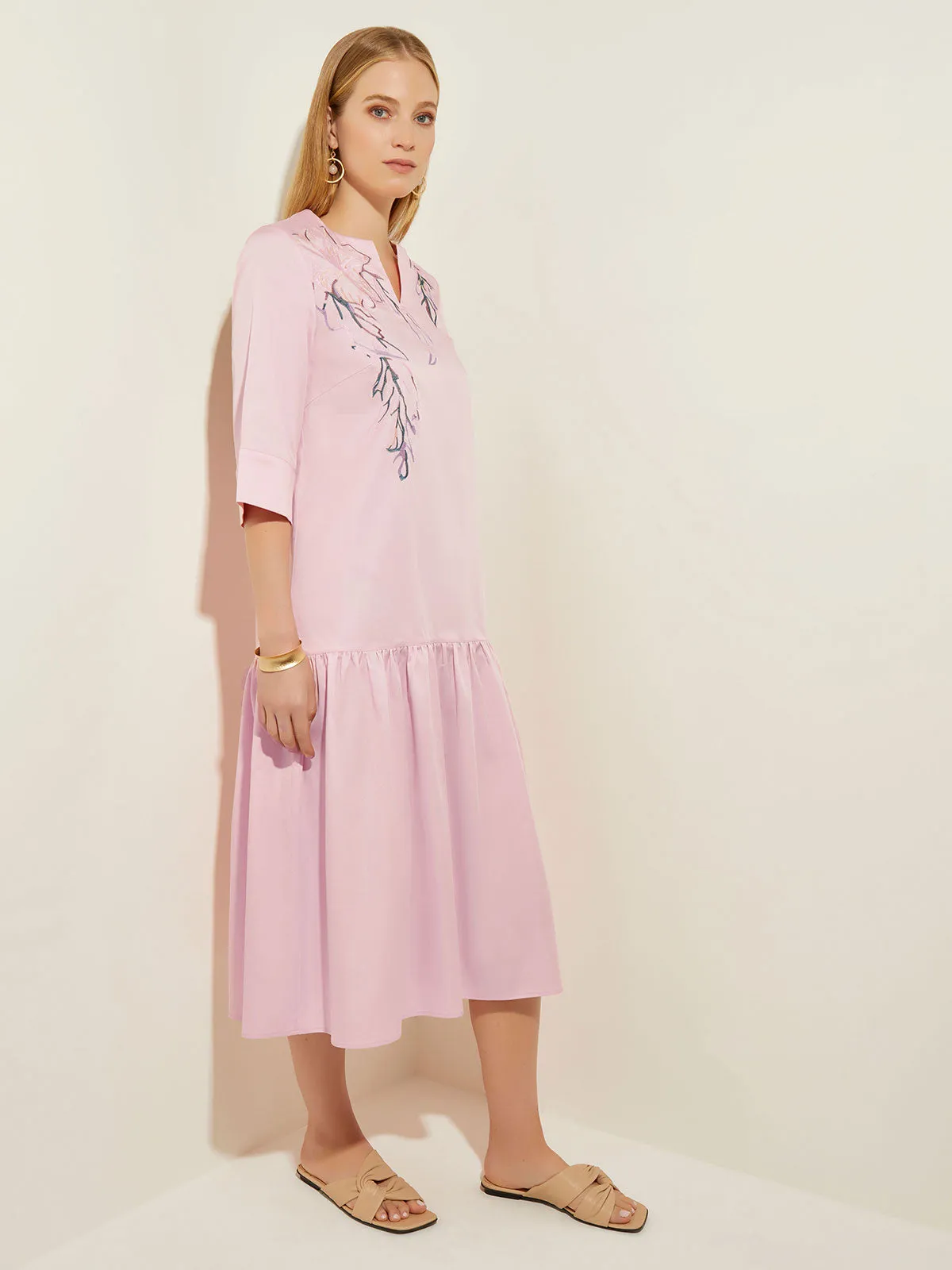 Drop Waist Embroidered Cotton Poplin Dress