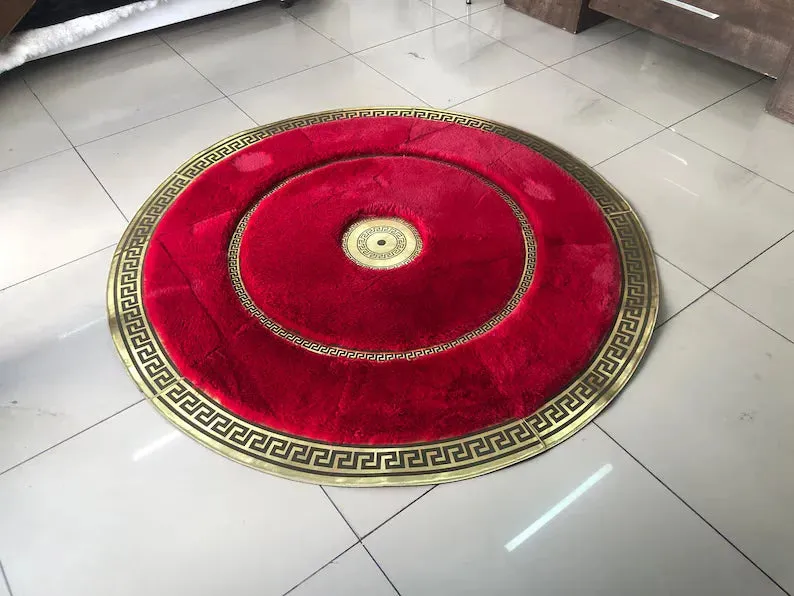 Elegant Gold and Red Faux fur Round Rug, Handmade Plush Area Rug