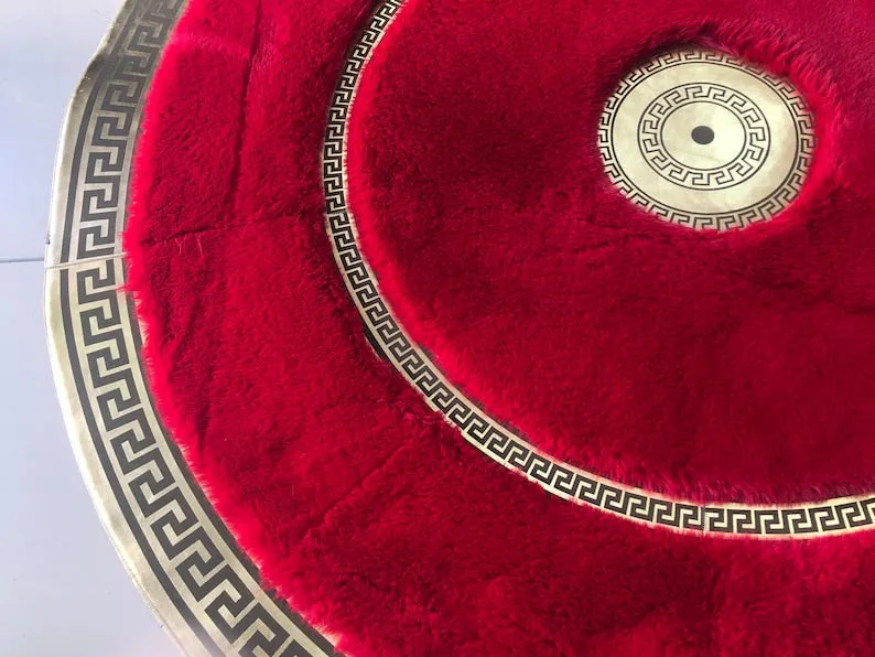 Elegant Gold and Red Faux fur Round Rug, Handmade Plush Area Rug