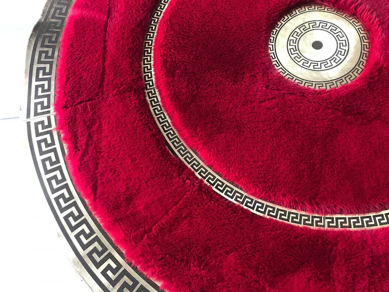 Elegant Gold and Red Faux fur Round Rug, Handmade Plush Area Rug