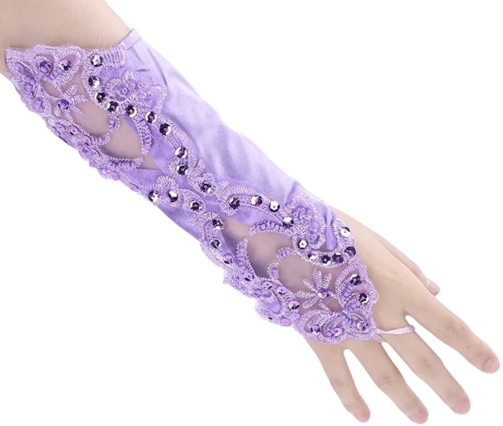 Fancydresswale Women Evening Opera Satin Gloves Fingerless Gathered Lace Sequins Bridal and Costume Party Gloves