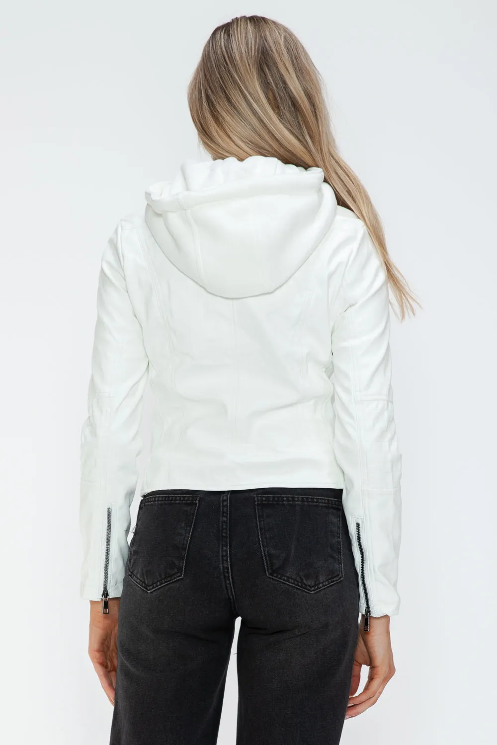 Faux Leather Zip Up Drawstring Hooded Jacket