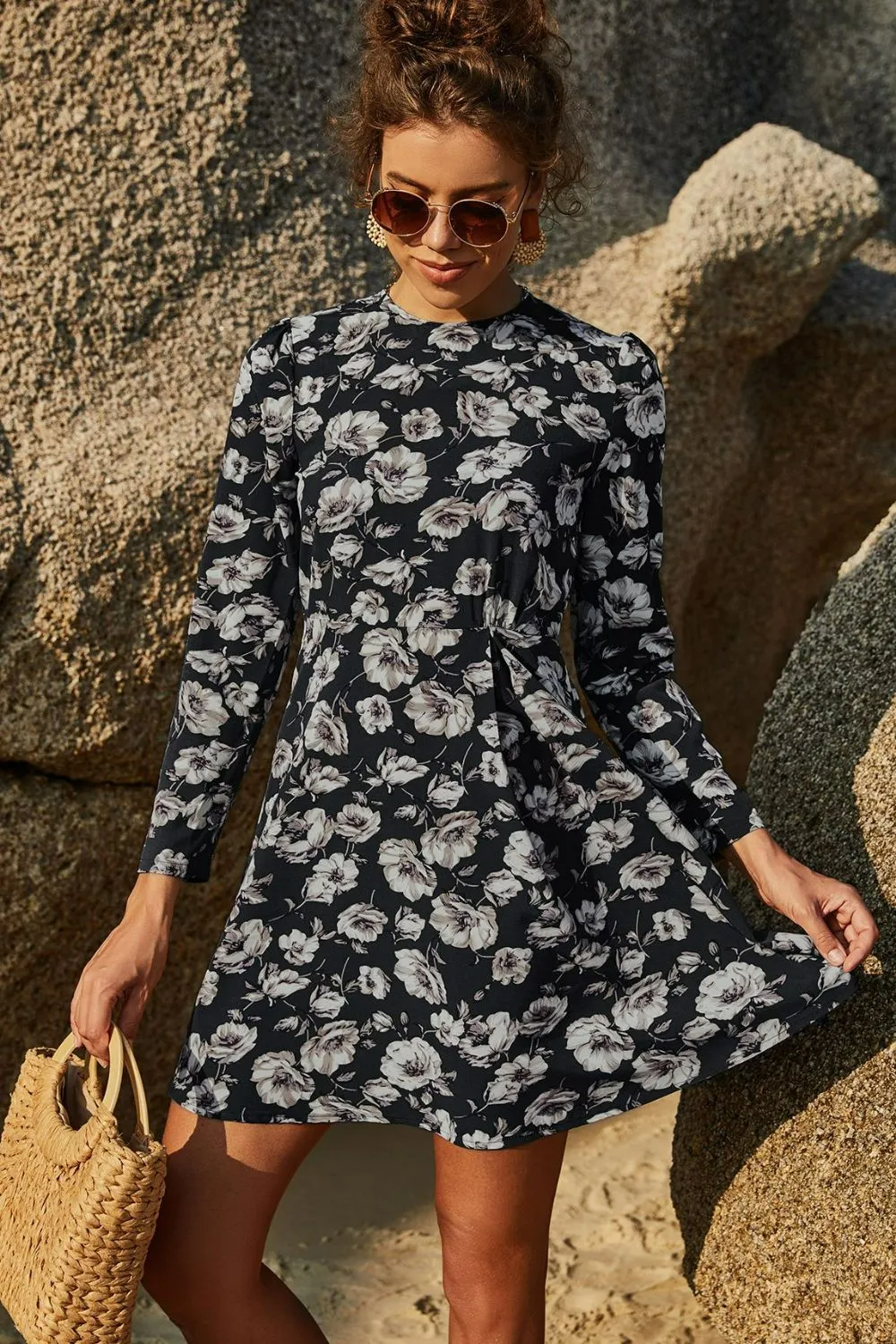 Floral Puff Sleeve A-Line Dress