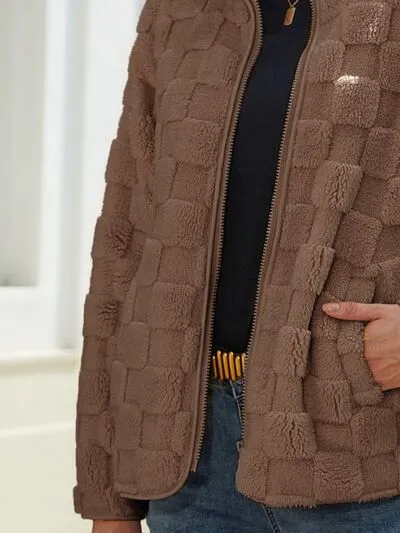 Fuzzy Checkered Zip Up Jacket