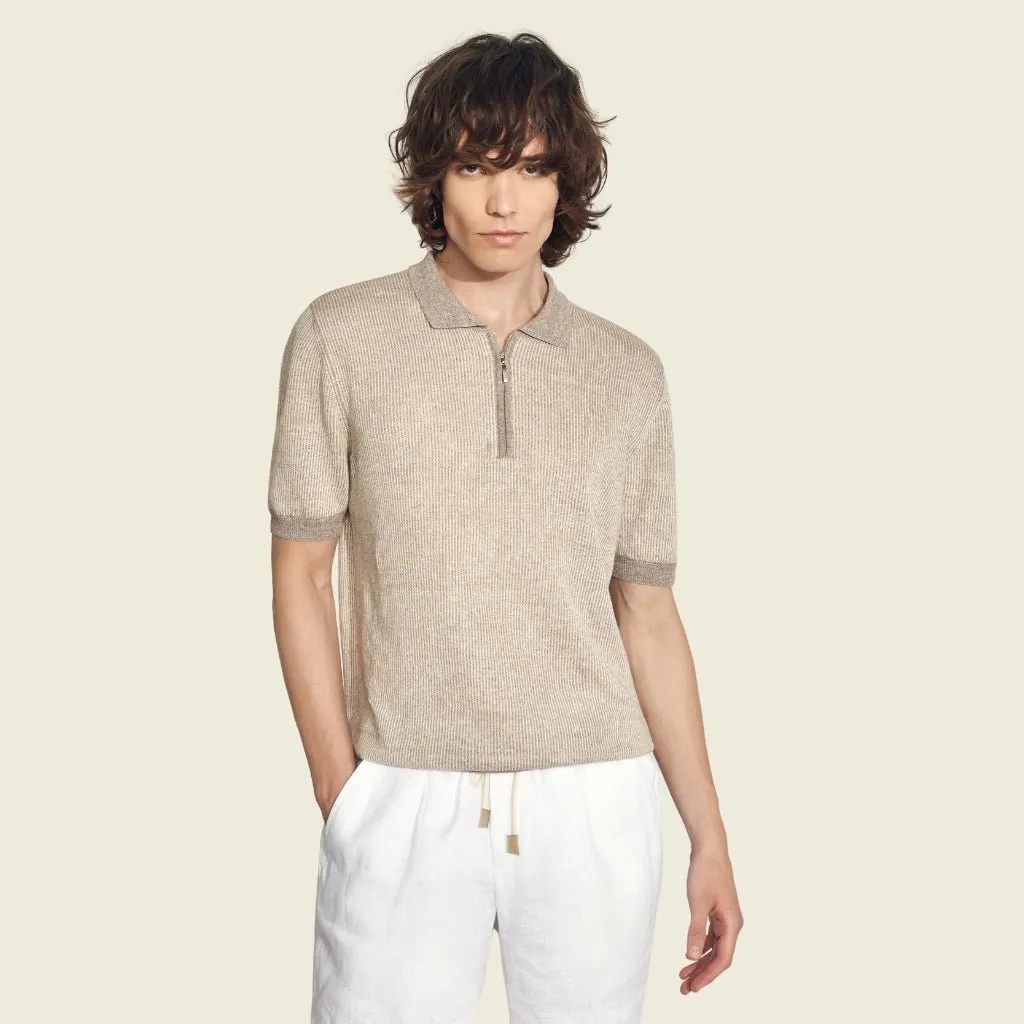 GRAN SASSO 2-Tone Cotton/Linen Stripe Polo BEIGE