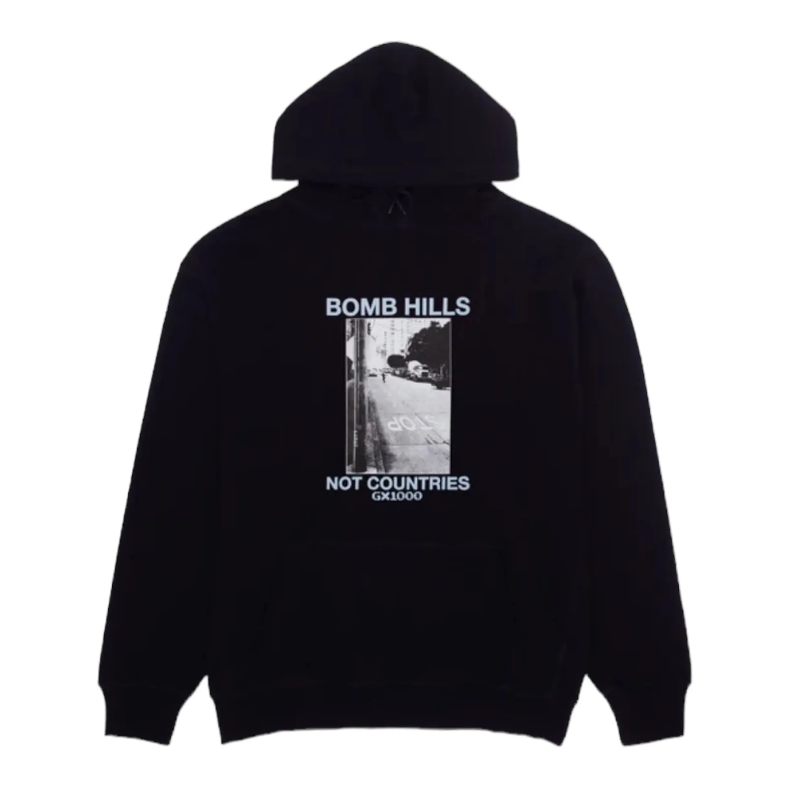 GX1000 Bomb Hills Not Countries Hoodie [Black w/ Baby Blue Font]