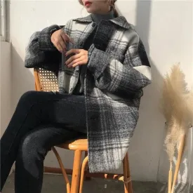 Harajuku Style Women's Mid-length Loose Plaid Woolen Coat