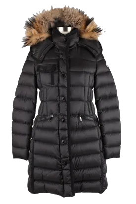 Hermifur Gross-Grain Trim Long Down Coat w/ Fur Hood