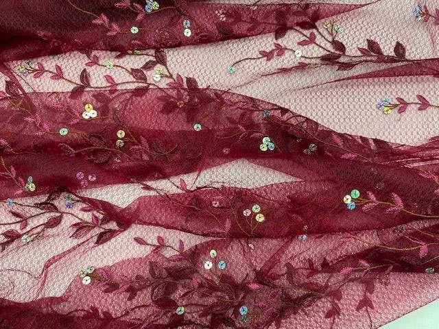 JOB LOT Embroidered Floral Sequin Net CLEARANCE  - MAROON- 2 MTR