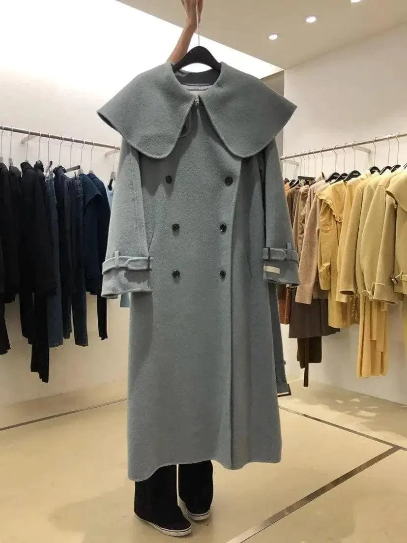 Lapel Double-Breasted Loose Solid Color Long Woolen Coat