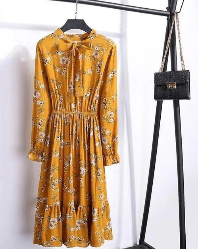 Long Sleeve Chiffon A-line Midi Bow Floral Shirt Dress