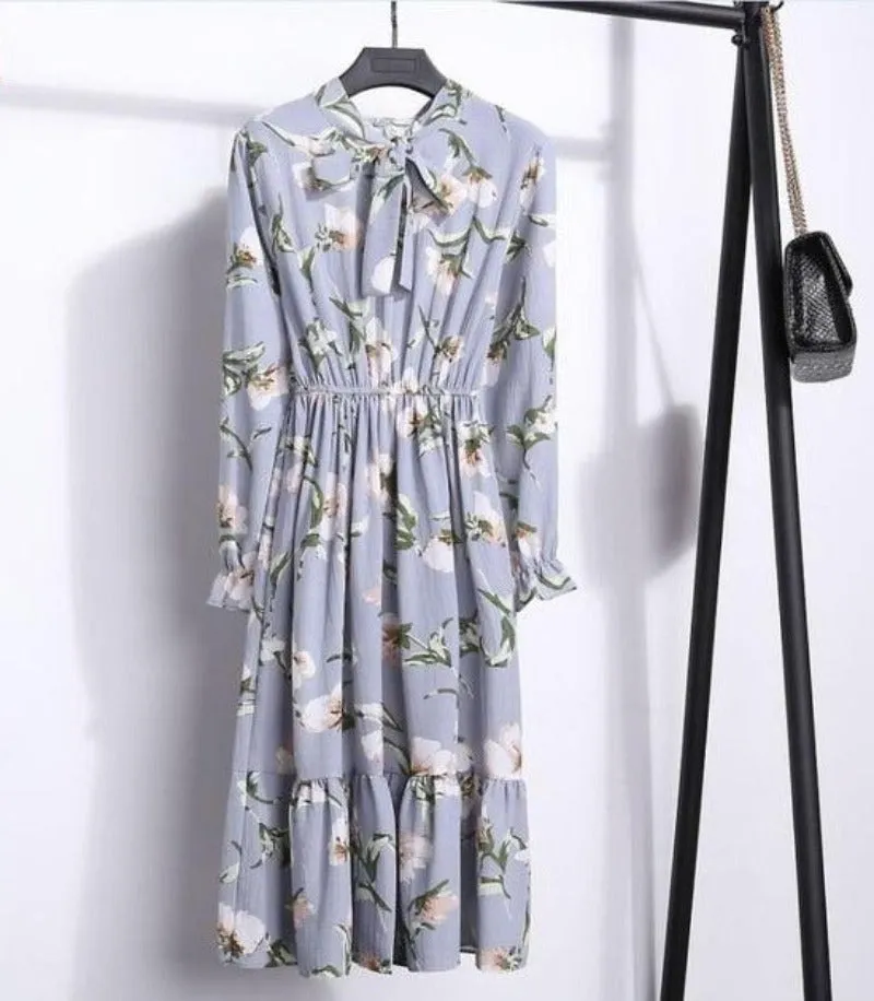 Long Sleeve Chiffon A-line Midi Bow Floral Shirt Dress