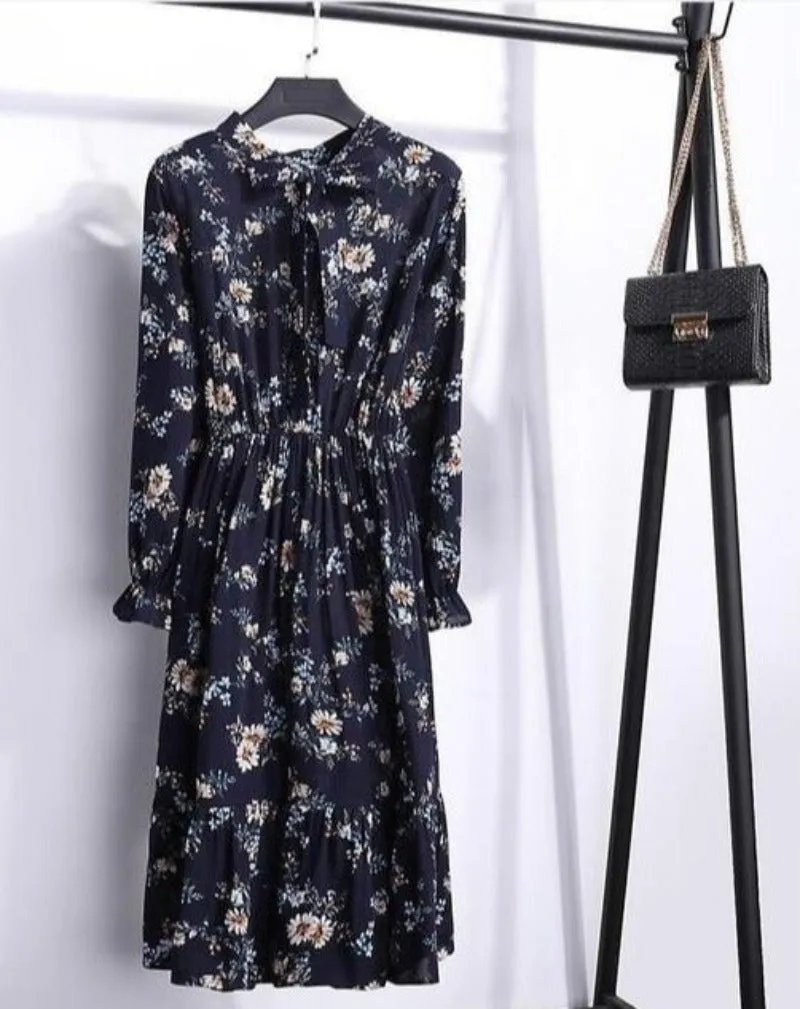 Long Sleeve Chiffon A-line Midi Bow Floral Shirt Dress