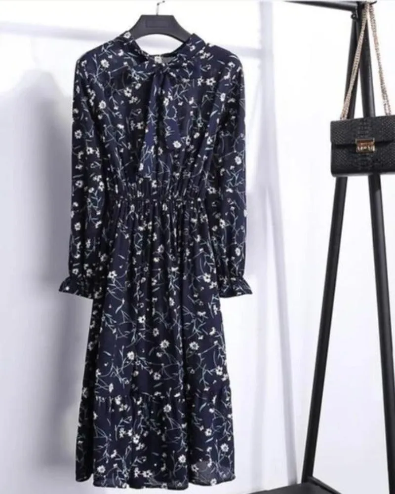 Long Sleeve Chiffon A-line Midi Bow Floral Shirt Dress