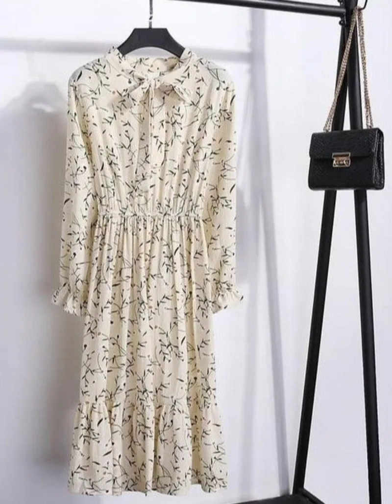 Long Sleeve Chiffon A-line Midi Bow Floral Shirt Dress