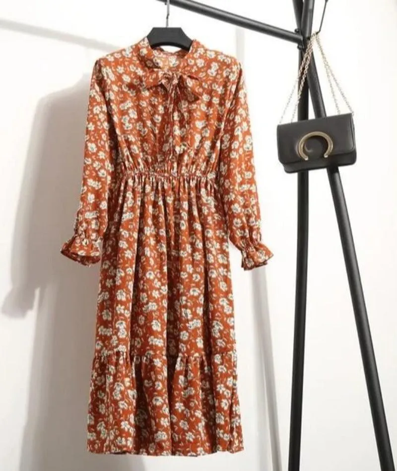 Long Sleeve Chiffon A-line Midi Bow Floral Shirt Dress