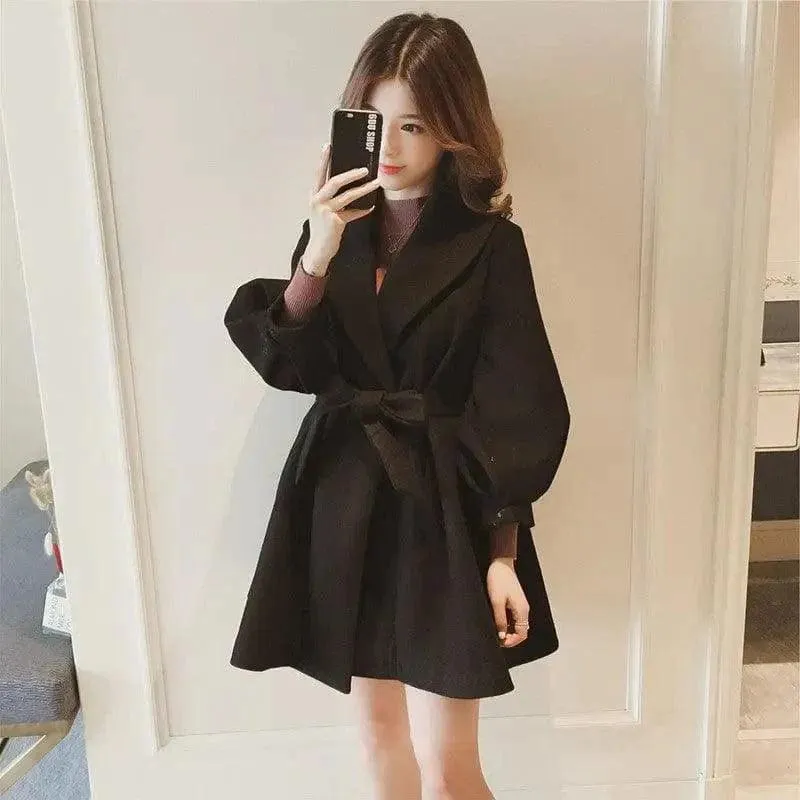 Loose and Slim Medium Length Lantern-sleeved Woolen Coat