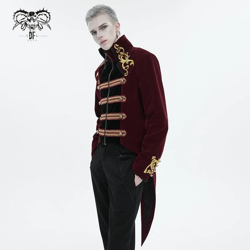 Men's Gothic Totem Embroidered Swallow-tailed Coat Red