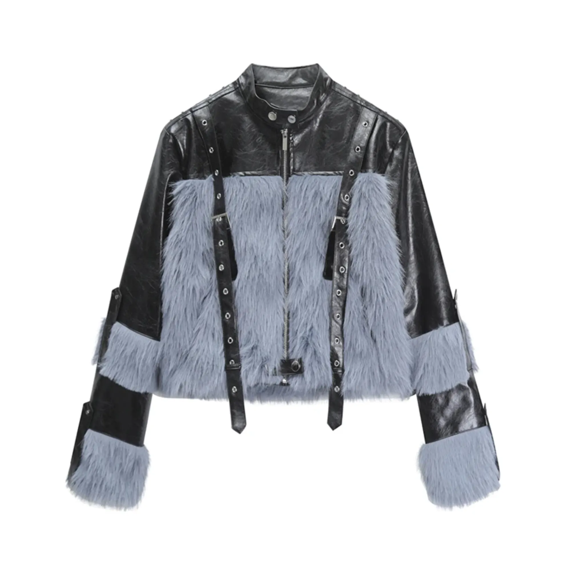 Pre Order:  Leather Faux Fur O-Neck Jacket