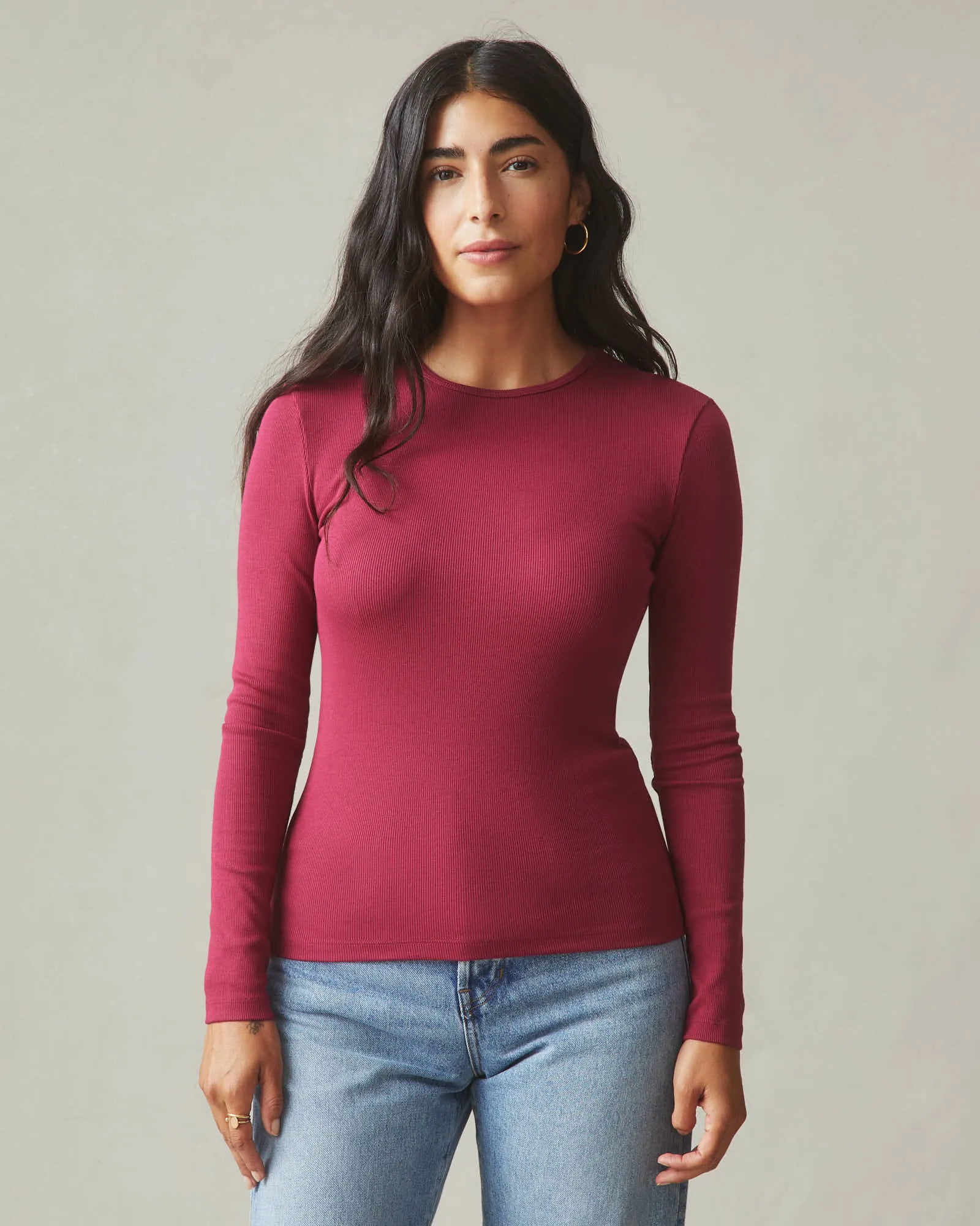 Stretch Rib Crew Tee Long Sleeve - Beet Red