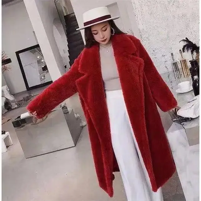 Women's Fur And Lamb Woolen  Long Coat